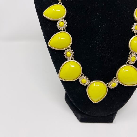 J Crew Yellow Cabochon Clear Rhinestone Necklace Gold Tone Statement Fashion - Picture 3 of 5